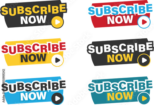 Subscribe button icon set for video streaming and social media with colorful bold text