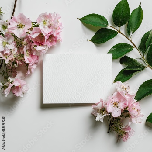 Floral arrangement with pink blossoms, green leaves, and a blank white card