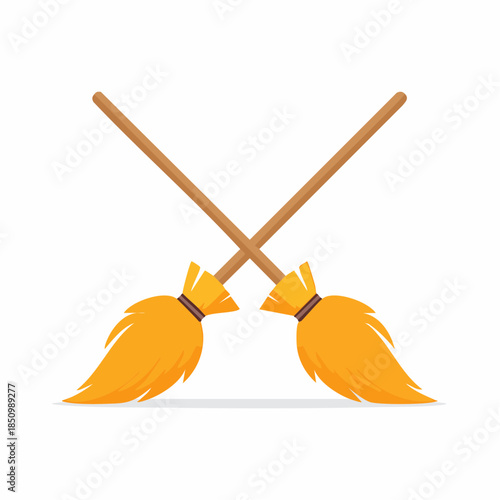 Crossed Orange Brooms Illustration, Traditional Witches' Symbol, Halloween Holiday, Decorative Elements, Broomsticks, Magical Theme