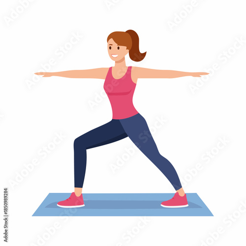 Woman in warrior yoga pose on yoga mat exercising for wellness, flexibility and healthy lifestyle cartoon character
