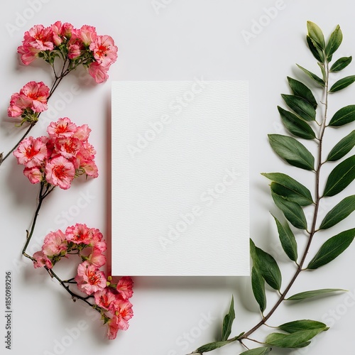 Blank card framed by coral blossoms and green leaves on a bright backdrop