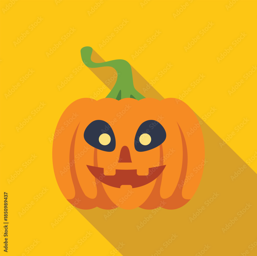 Fototapeta premium Halloween pumpkin with a carved smiling face and glowing eyes on a yellow background with a long shadow, perfect for halloween projects