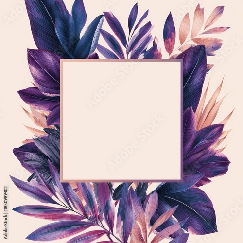 Foliage frame square space surrounded by stylized violet & pink leaves