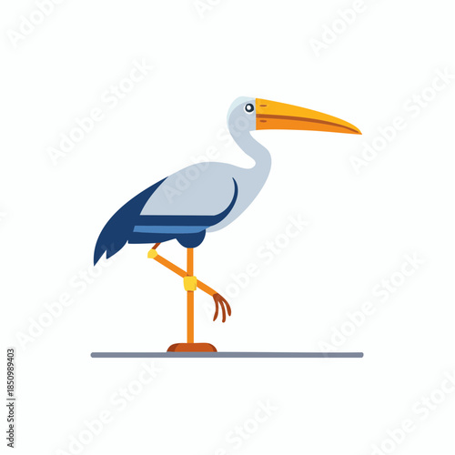 A single stork stands tall in elegant posture, its long beak gracefully poised in a simplified vector illustration against plain backdrop