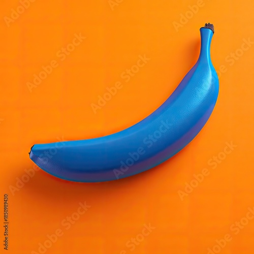 Blue banana, center-frame, contrasting vibrant orange background, single subject
