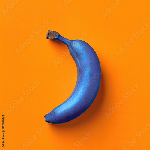 Blue banana curves, stands out vividly against vibrant orange background