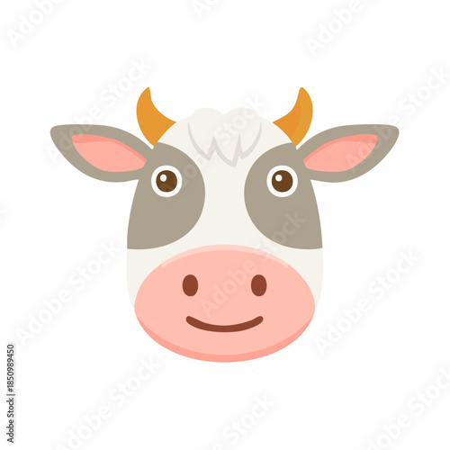 Adorable cow face icon with a charming expression. Simple cartoon design of a farm animal with a cheerful smile