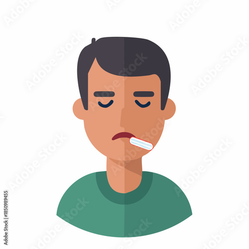 Sick man with thermometer experiencing symptoms of cold or flu flat vector