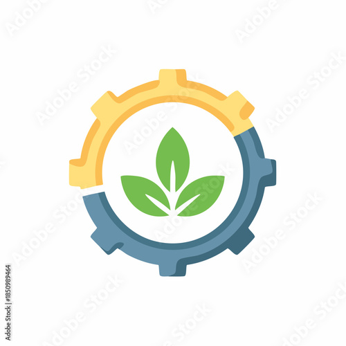 Gear Symbol with Green Leaves Inside Depicts an Eco Friendly Process Machine or a Natural Engineering Logo
