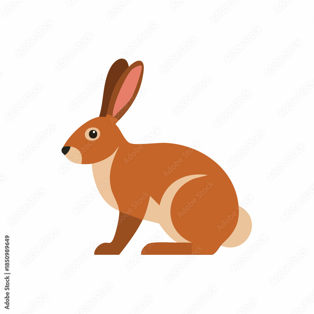 Obraz premium Alert Brown Rabbit or Hare Sitting in Simple Flat Style Illustration Isolated on White Background