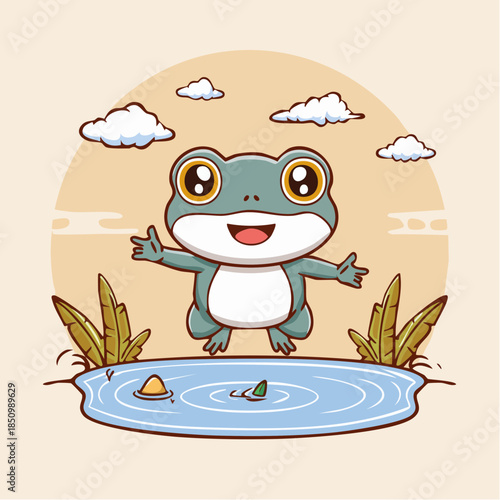 A cheerful cartoon frog leaps playfully over a serene pond under a whimsical sky, embracing the joy of a perfect day in nature's embrace