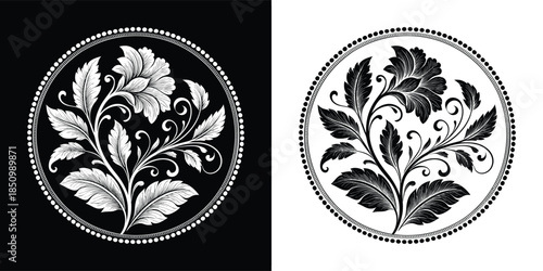 Circular floral emblem, isolated on white background, featuring a blooming flower surrounded by leaves and tendrils, creating a vintageinspired design