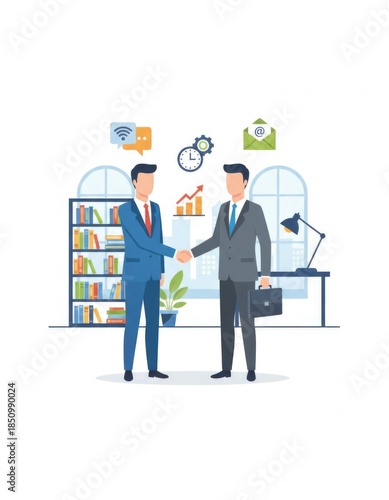 Business Partnership Handshake in Modern Office with Communication Icons