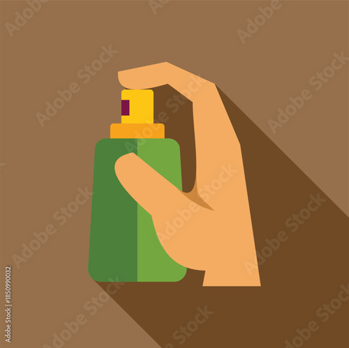 Hand holding and spraying a green cosmetic spray bottle with index finger on nozzle, in flat design with long shadow