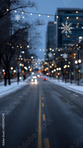 Snowy City Street Decorated with Glowing Festive Lights in Twilight Atmosphere