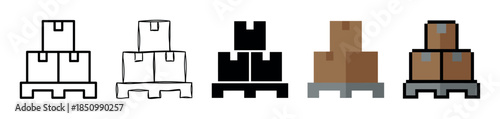 Five icons of stacked cardboard boxes on a pallet presented in a variety of graphic design styles from simple line art and silhouette to flat color and 8-bit pixel art
