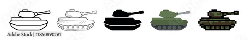 Set of five military tank icons presented in a row showing different artistic styles like outline, hand-drawn sketch, solid silhouette, flat color, and pixel art design