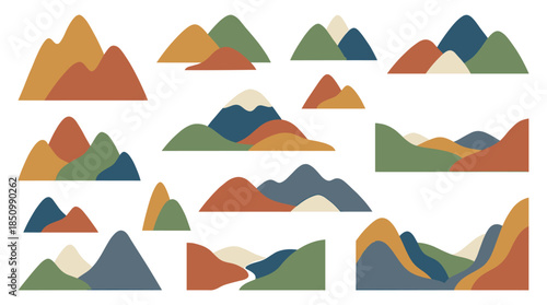 Collection of minimalist mountain illustrations in a flat design style with a modern earthy color palette, showcasing various simple hill and peak shapes for design elements