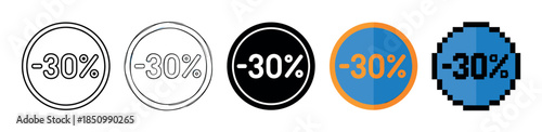 Set of five minus thirty percent discount icons in various graphic styles like outline, sketch, solid, flat design, and pixel art for retail promotions and sales
