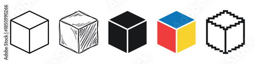 Collection of five cube icons showing different graphic design styles, including outline, hand-drawn sketch, solid silhouette, primary colors, and pixel art versions