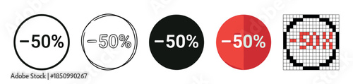 Collection of minus fifty percent discount icons in various design styles including minimalist line art, flat design, and pixel art for retail promotions