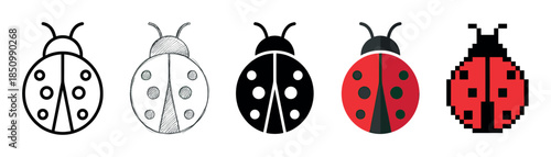 Set of five ladybug icons presented in a row, showcasing different artistic styles from simple outline and sketch to modern flat design, silhouette, and pixel art