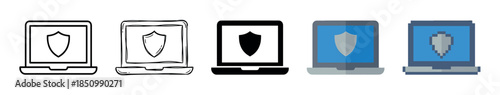 Set of five laptop security icons showing a shield on the screen in various artistic styles including line art, doodle, silhouette, flat design, and pixel art for cybersecurity concepts