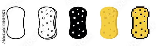 Set of five sponge icons showing different artistic styles including outline, doodle, silhouette, flat cartoon, and pixel art for cleaning or household concepts