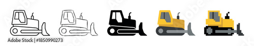 Bulldozer construction vehicle icon set in five different artistic styles including line art, sketch, silhouette, flat design, and pixel art for graphic design elements