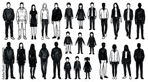 Large collection of hand-drawn people figures in various casual outfits, featuring men, women, and children in a simple black and white ink sketch illustration style