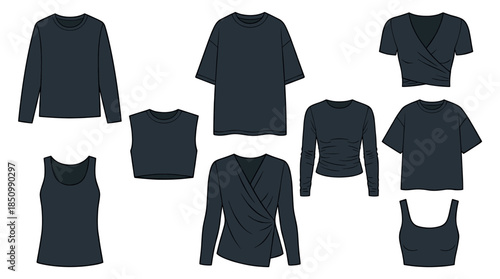 Various dark grey women's apparel tops are displayed as flat technical drawings, showcasing different styles and silhouettes for fashion design