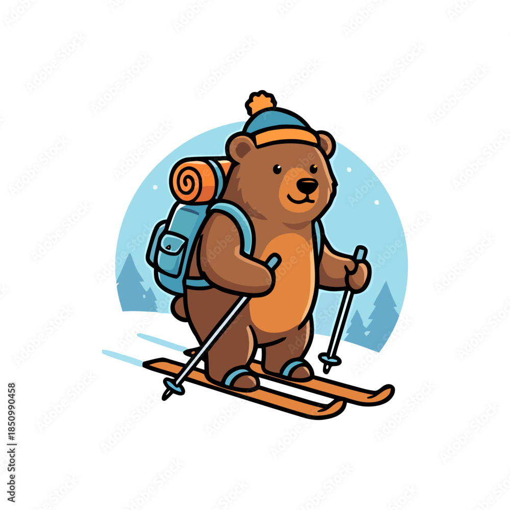 Naklejka premium Adorable cartoon bear character equipped with skis and a backpack, happily gliding through a winter wonderland, embodying the spirit of outdoor adventure and cold-weather fun