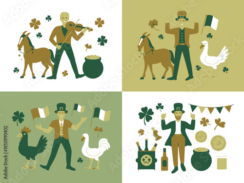 Men celebrate St Patricks Day with Irish flags, traditional music, and cheerful farm animals