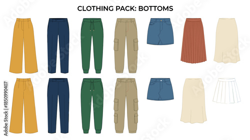 Various colorful women's fashion bottom garments are neatly arranged, featuring a collection of pants and skirts in different styles and hues, presented as clean, flat vector illustrations