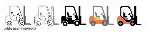Collection of forklift truck vector icons in various artistic styles including line art, sketch, silhouette, flat, and pixel art design for logistics and warehouse concepts