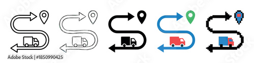Set of five delivery route icons showing a truck on an S-shaped path to a destination pin, presented in various graphic styles including line art, sketch, silhouette, flat, and pixel art