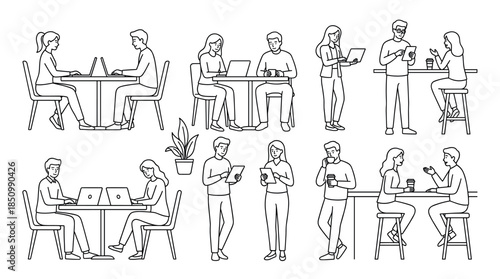 Set of black line art illustrations of people working in a modern office or coworking space, using laptops, having meetings, and drinking coffee in a minimalist doodle style
