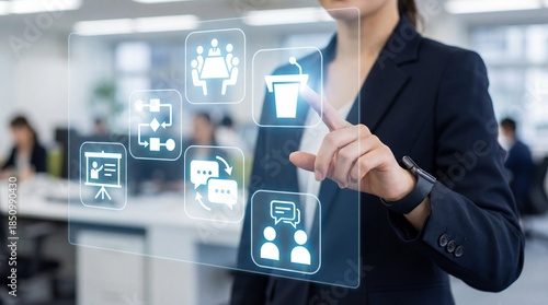 Businesswoman touching transparent digital interface with communication, presentation, workflow and meeting icons, illustrating corporate interaction, leadership, teamwork and modern business process.
