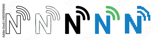 Letter N logo icons with a wireless signal symbol presented in a diverse collection of graphic styles including outline, sketch, solid silhouette, flat color, and pixel art