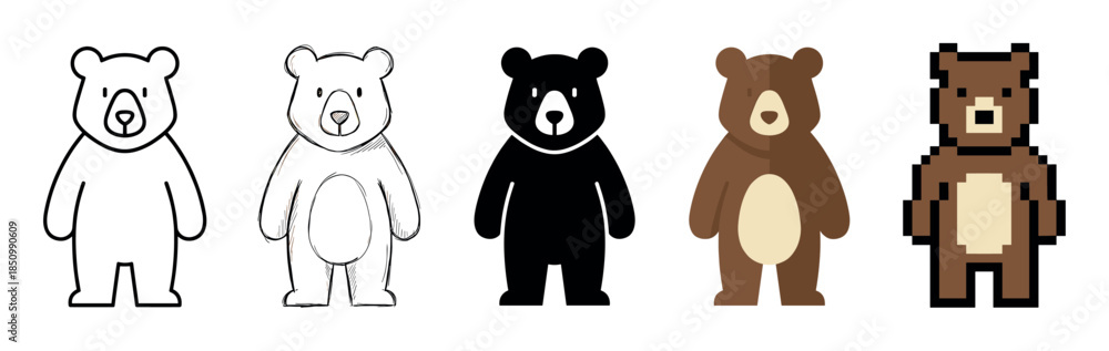 Obraz premium Set of five bear character illustrations showcases various graphic design styles, including line art, a hand-drawn sketch, a solid silhouette, flat vector, and retro pixel art