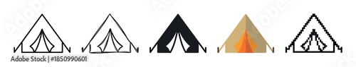 Set of five camping tent icons in different graphic styles for outdoor adventure and travel themes, including line art, sketch, silhouette, flat color, and pixel art designs