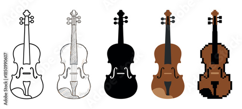 Set of five violin illustrations showing a progression of artistic styles from simple outline and sketch to silhouette, flat vector design, and retro pixel art