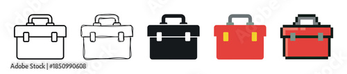Toolbox icon set in five different graphic styles including line art, hand-drawn sketch, silhouette, flat design, and pixel art, representing repair and construction concepts