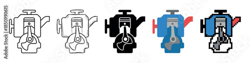 Car engine icon set in various styles including line art, sketch, silhouette, flat color, and pixel art for graphic design and web interface elements