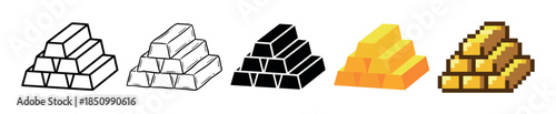 Gold bar icon set in five different graphic styles including line art, doodle, silhouette, flat vector, and pixel art for design elements