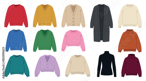 Various illustrated sweaters and cardigans in a colorful collection, featuring different styles like turtlenecks, pullovers, and v-necks for cozy autumn and winter fashion