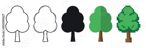 Set of five stylized tree icons showing different graphic styles from simple outline, silhouette, and flat vector to pixel art, presented in a sequential horizontal row