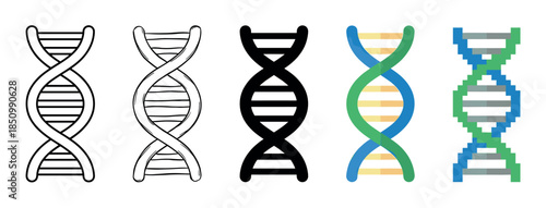 Collection of DNA helix icons in various graphic design styles including outline, doodle, silhouette, flat color, and pixel art, representing genetics and biotechnology