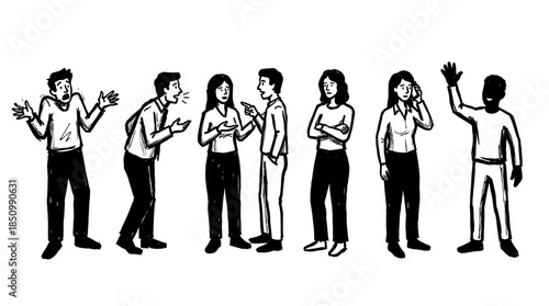 Set of hand-drawn black and white people illustrations showing various emotions and actions like arguing, shrugging in confusion, talking on a phone, and waving a greeting