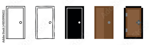 Collection of five illustrated doors showing a progression of different artistic styles from simple line art and sketch to flat design and 8-bit pixel art for graphic design
